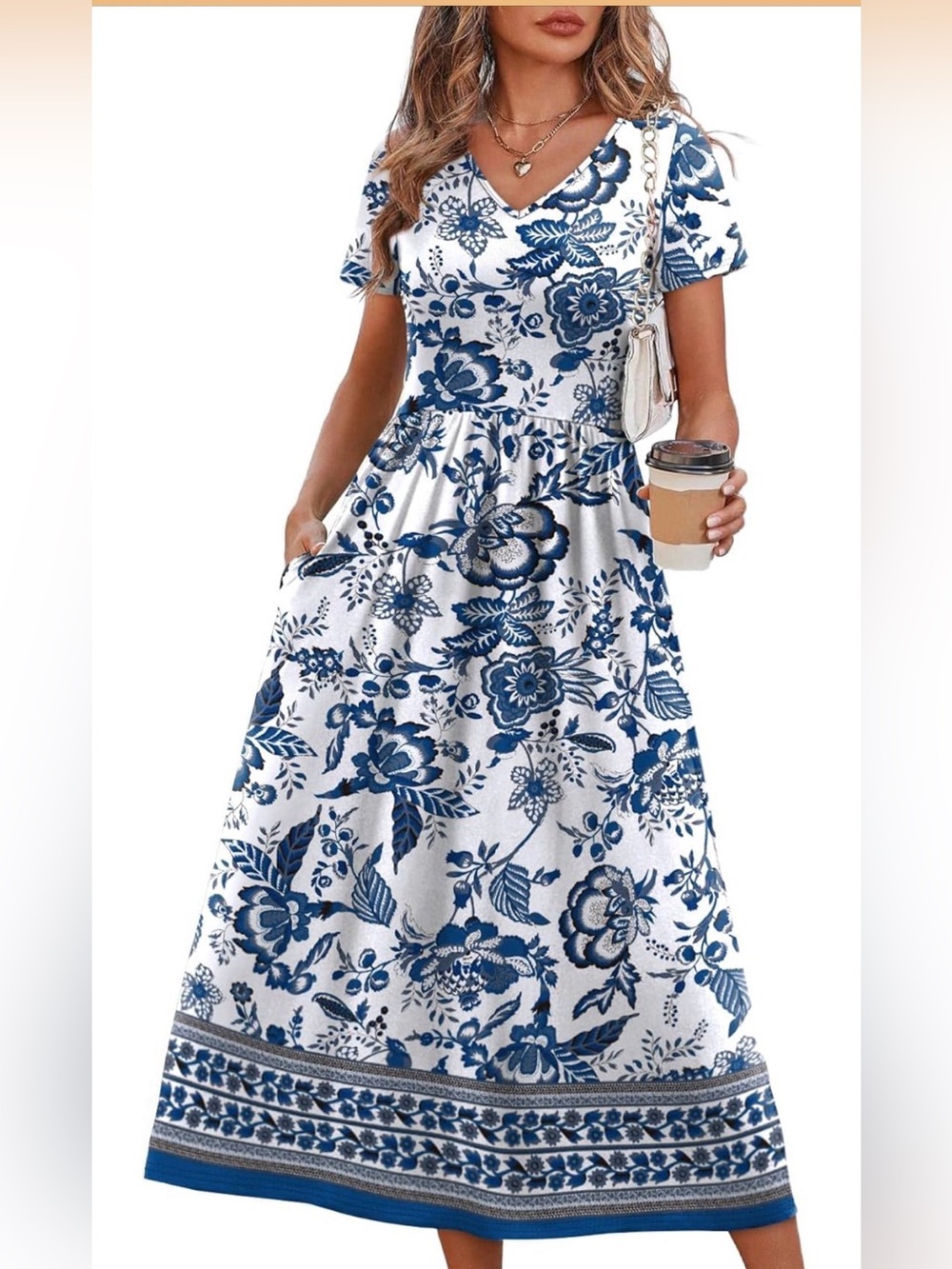 Blue Floral V-Neck Maxi Dress - Casual Summer size Medium